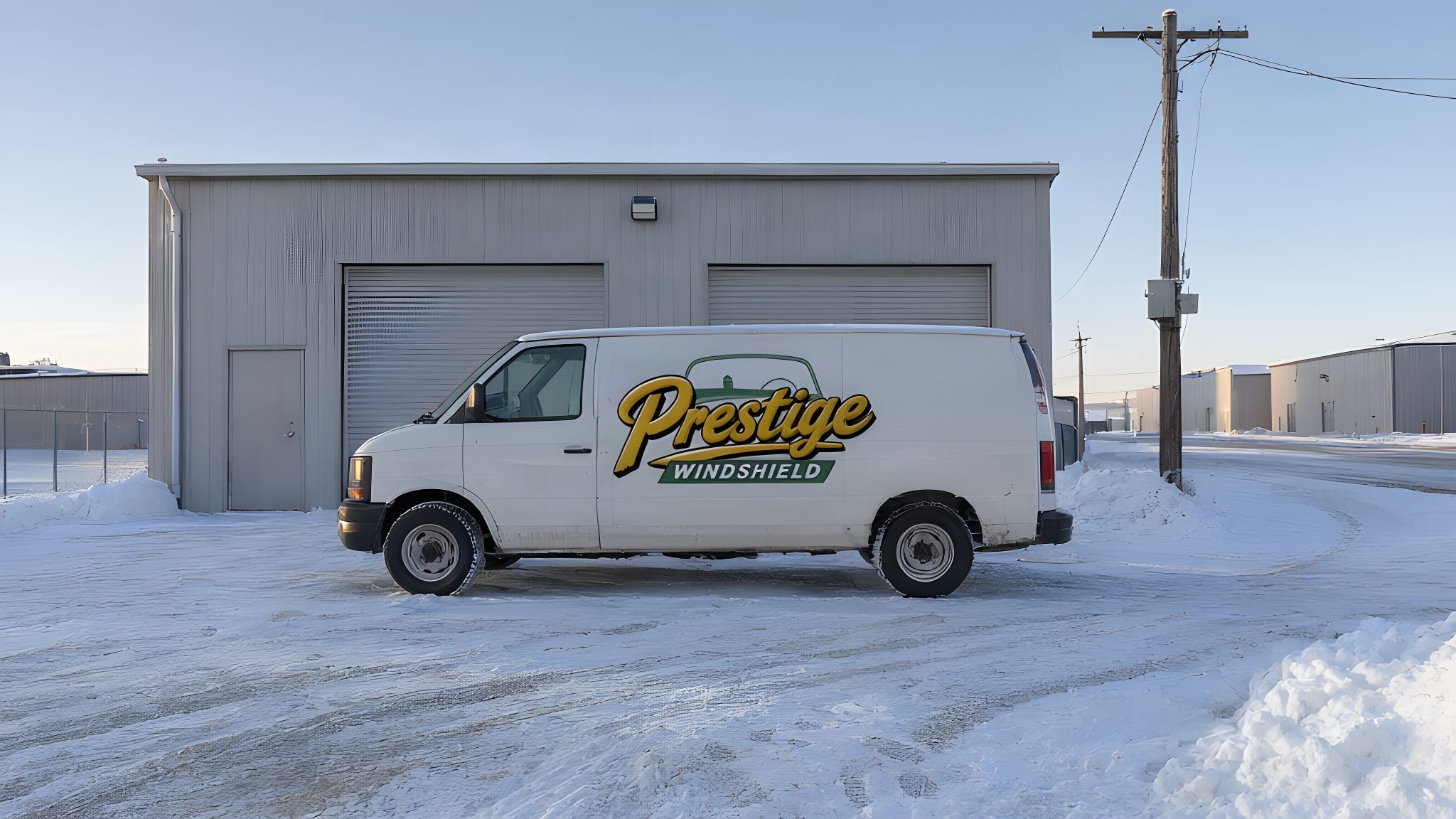 The Prestige Windshield van parked in the snow outside a grey steel shop building