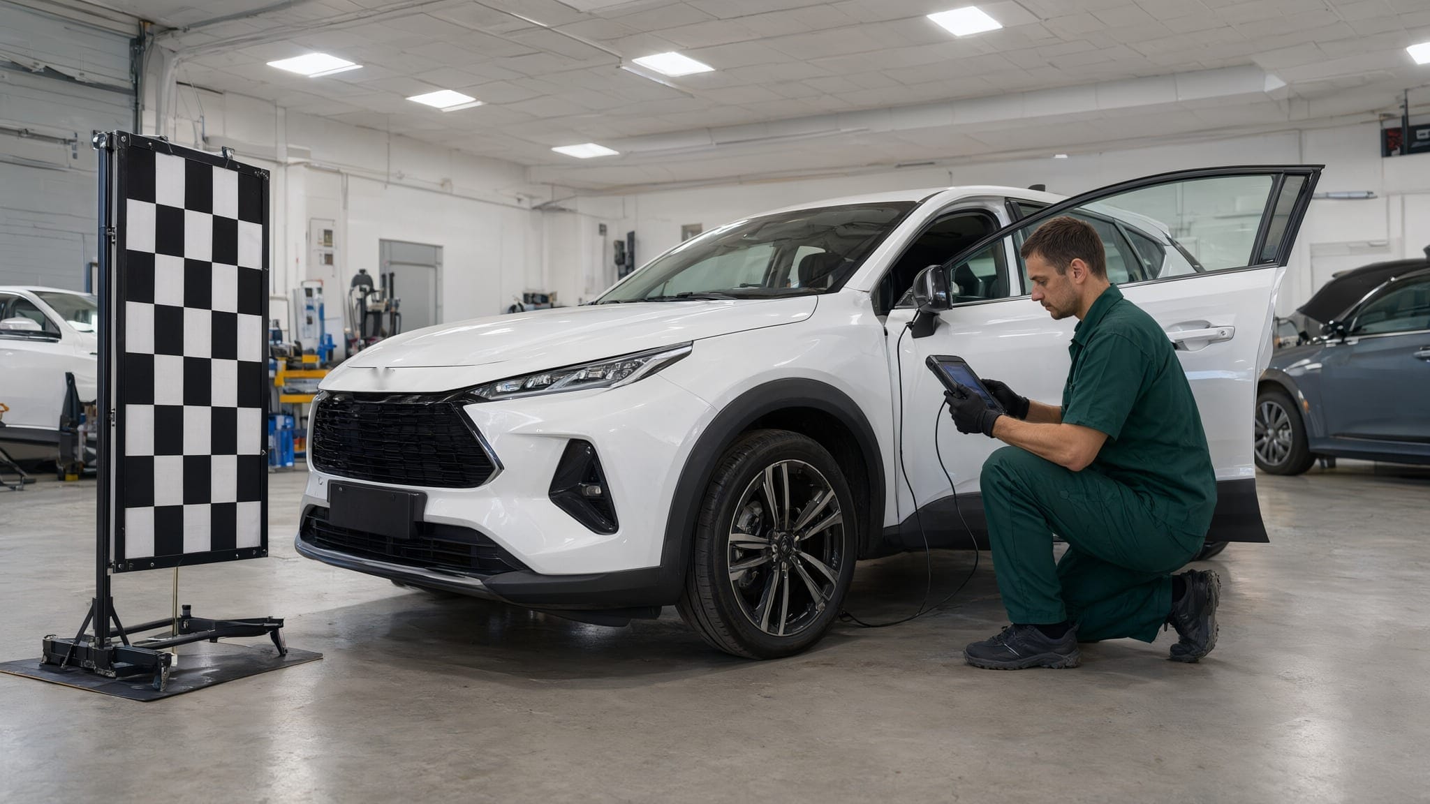 ADAS calibration in Saskatoon: a white crossover faces a checkerboard target while a technician runs the scan tool