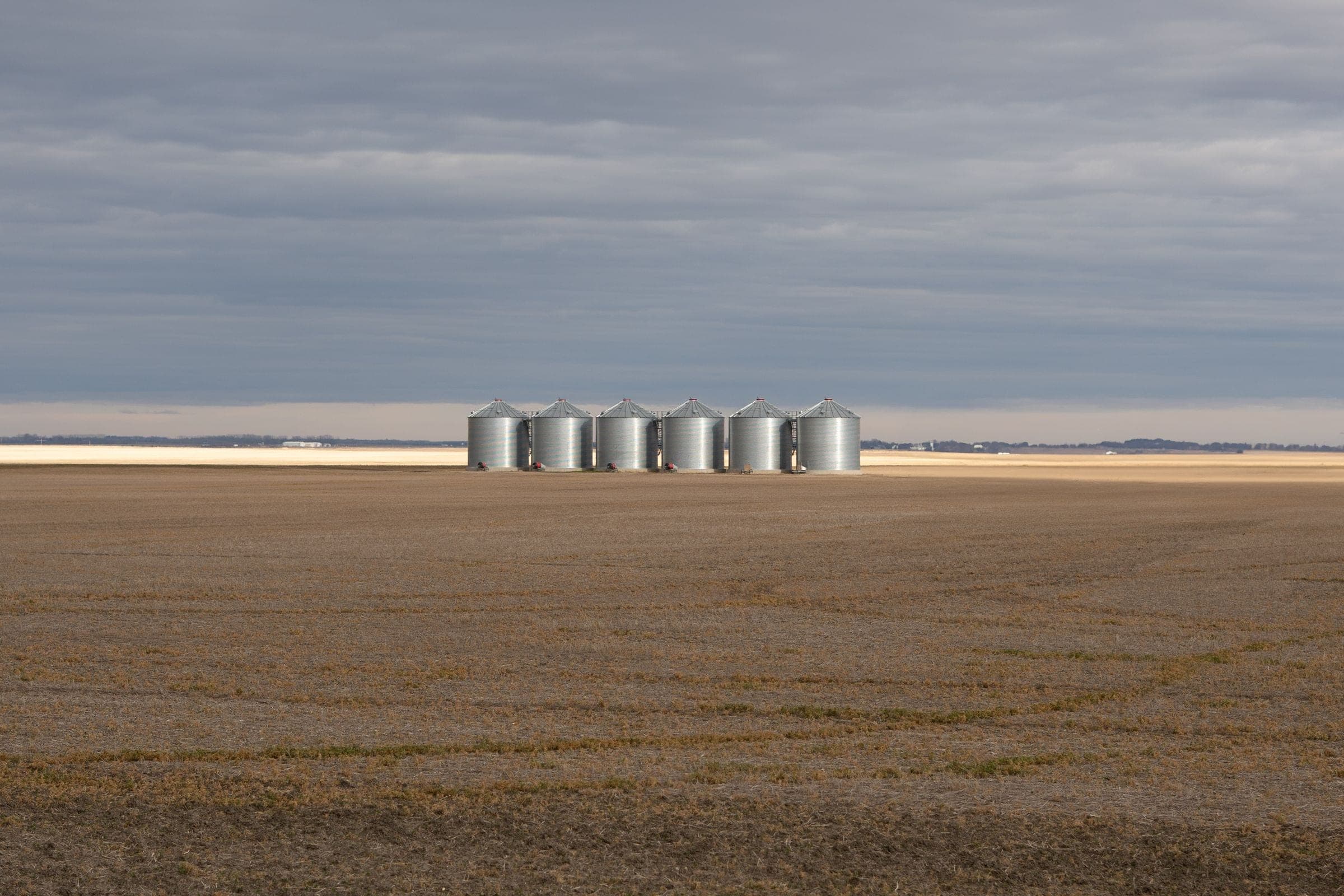 Windshield replacement Osler area: six steel grain bins on harvested farmland under a grey sky