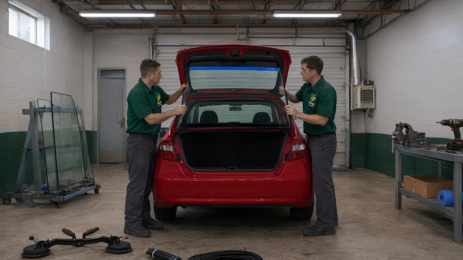 Auto glass services Saskatoon drivers book: two technicians pressing new rear hatch glass into a red hatchback