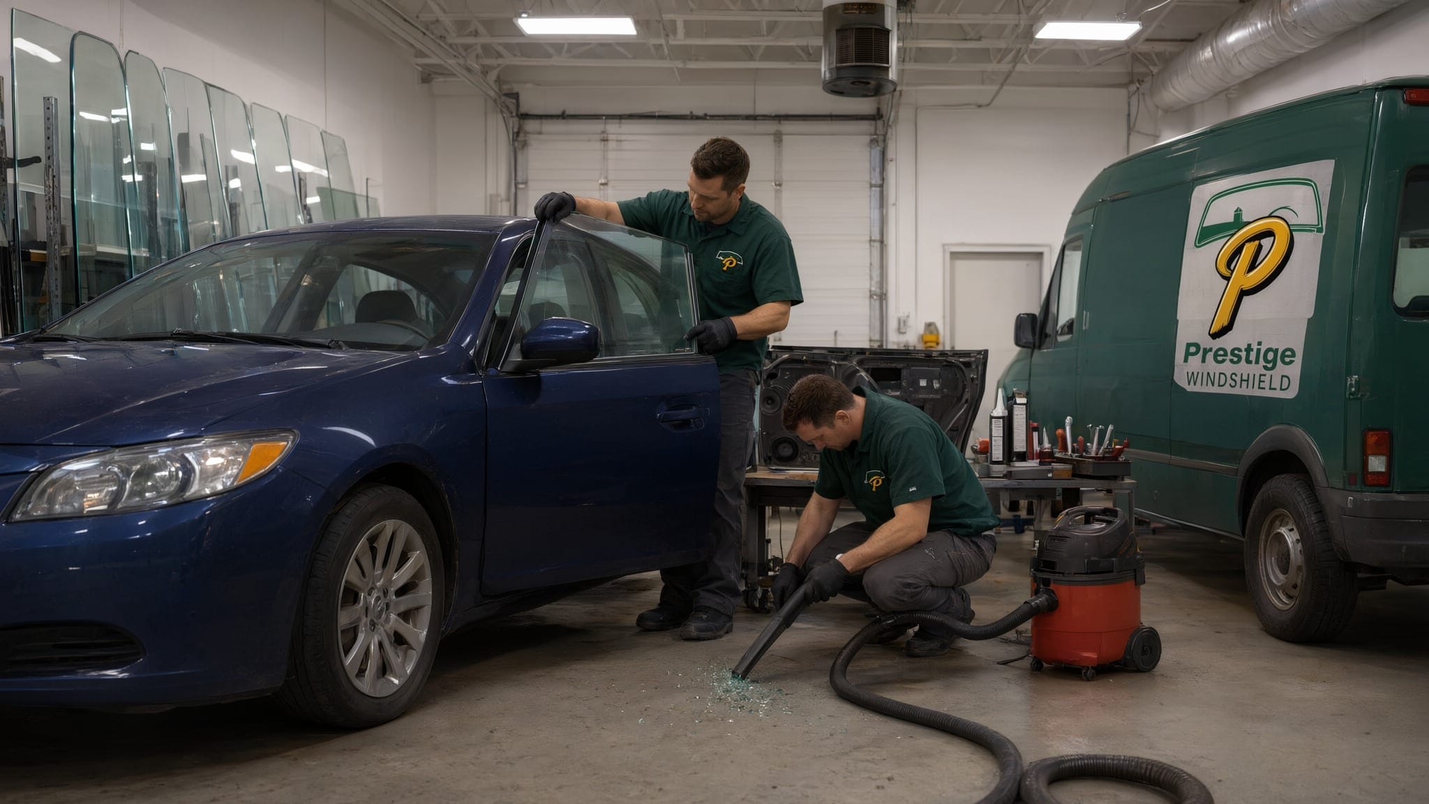 Car window replacement in Saskatoon: a technician fits new door glass to a blue sedan while another vacuums glass crumbs