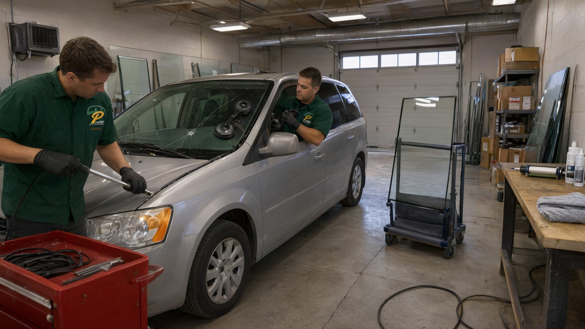 SGI windshield claims job: technicians removing a cracked windshield from a silver minivan
