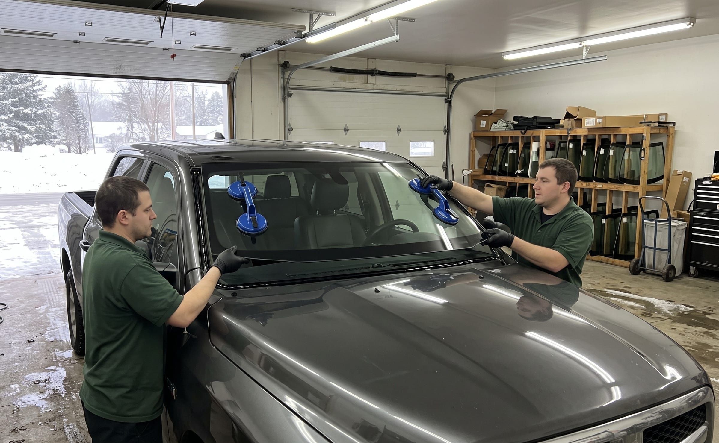Two technicians setting a new windshield on a grey pickup truck in a heated shop in winter