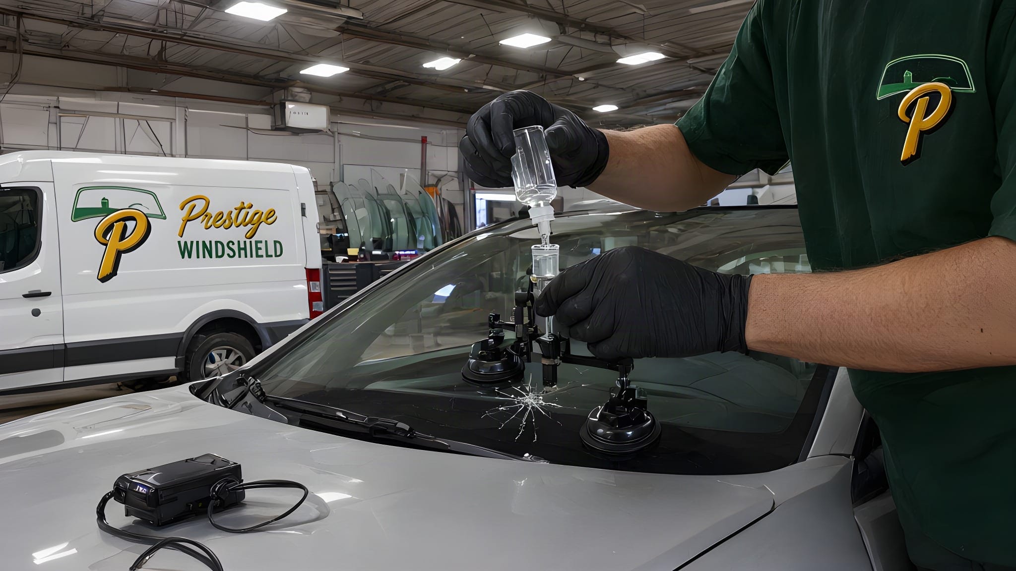 Technician filling a star chip on a windshield with a resin bridge tool in the shop